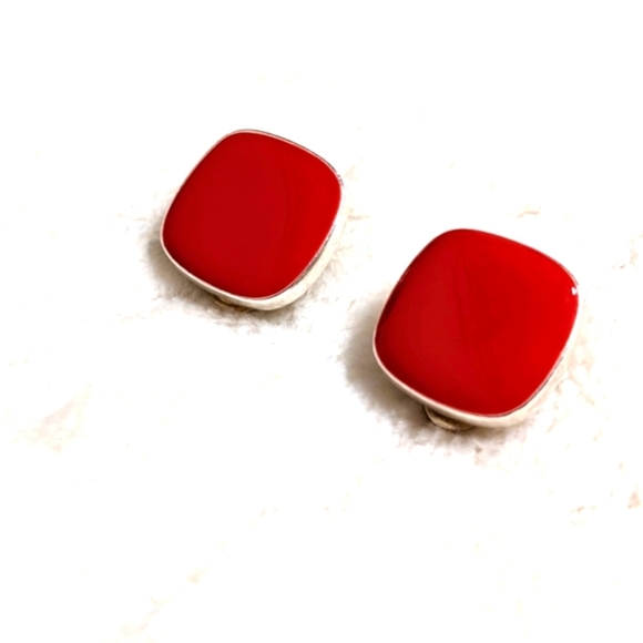 Vintage 80' Red Enamel and Silvertone Clip Earrings - Picture 4 of 7